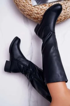 Sale Buty Sergio Leone Damskie Kozaki Płaski Obcas Sergio Leone Ocieplane Czarne KZ280