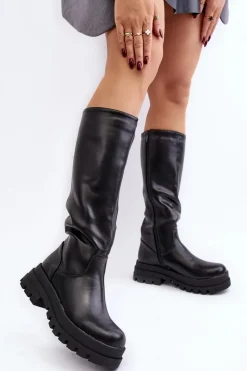 Damskie Kozaki Przed Kolano Na Grubej Podeszwie Czarne Beatrizia Damskie Kozaki Płaskie|Kozaki Przed Kolano