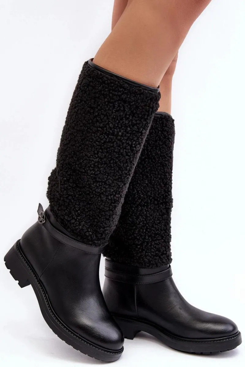 Boto Damskie Kozaki Przed Kolano Z Futerkiem Typu Baranek Czarne Bellama
