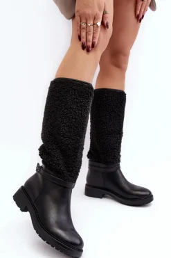 Boto Damskie Kozaki Przed Kolano Z Futerkiem Typu Baranek Czarne Bellama
