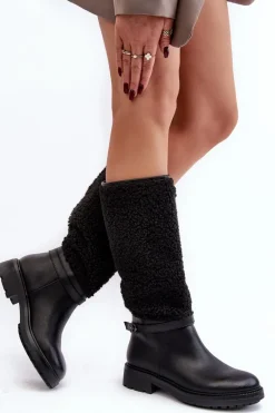 Boto Damskie Kozaki Przed Kolano Z Futerkiem Typu Baranek Czarne Bellama
