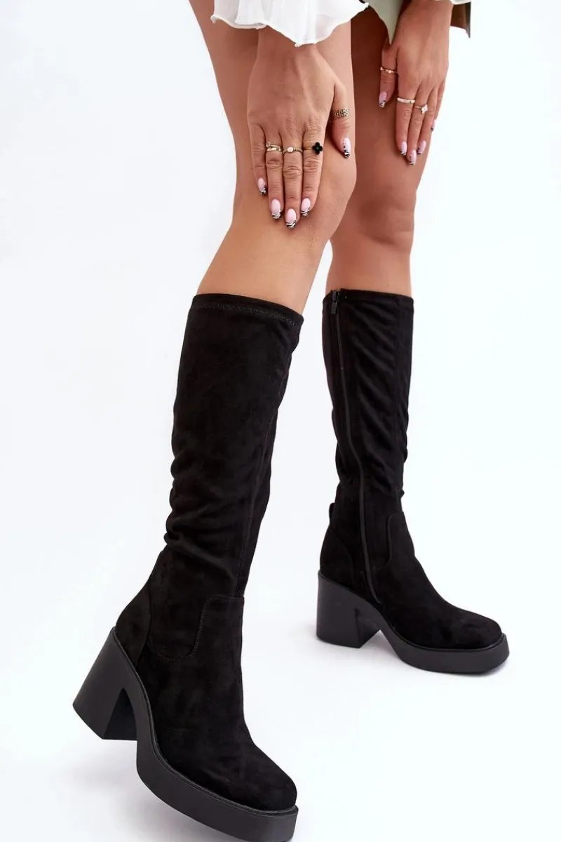 Kozaki Na Słupku|Kozaki Przed Kolano>Damskie buty S.Barski Damskie Kozaki Przed Kolano Na Masywnym Słupku D&A SN622-10A Czarne Czarny