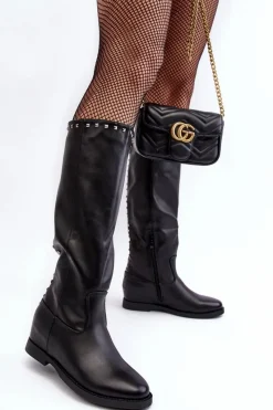 Discount Damskie Kozaki Przed Kolano Zdobione Ćwiekami Czarne Bevitis Damskie Kozaki Płaskie|Kozaki Przed Kolano