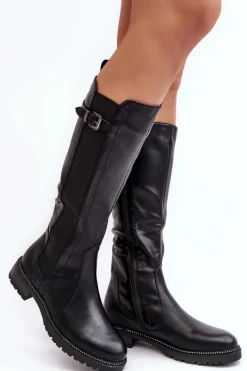 Kozaki Płaskie|Kozaki Przed Kolano>Evento Damskie Kozaki Przed Kolano Na Płaskim Obcasie Czarne Klemmo