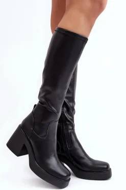 Online Damskie Kozaki Przed Kolano Na Masywnym Słupku D&A SN622-10 Czarne Damskie Kozaki Na Słupku|Kozaki Przed Kolano