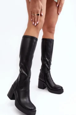 Online Damskie Kozaki Przed Kolano Na Masywnym Słupku D&A SN622-10 Czarne Damskie Kozaki Na Słupku|Kozaki Przed Kolano