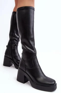 Online Damskie Kozaki Przed Kolano Na Masywnym Słupku D&A SN622-10 Czarne Damskie Kozaki Na Słupku|Kozaki Przed Kolano