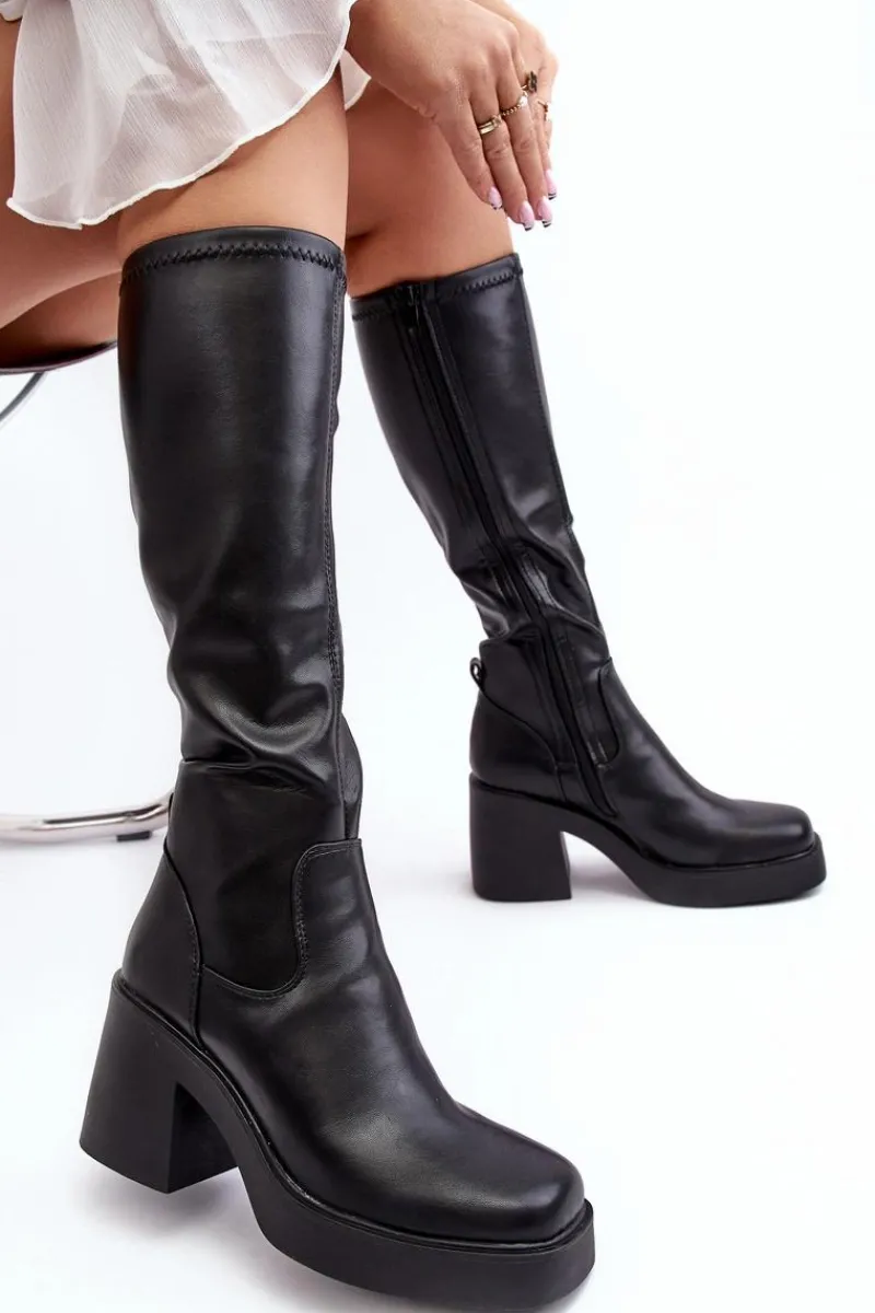 Online Damskie Kozaki Przed Kolano Na Masywnym Słupku D&A SN622-10 Czarne Damskie Kozaki Na Słupku|Kozaki Przed Kolano