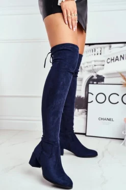 Outlet Damskie kozaki Sergio Leone lycra granatowe KZ281 Damskie Kozaki Wiosenne|Kozaki Na Obcasie