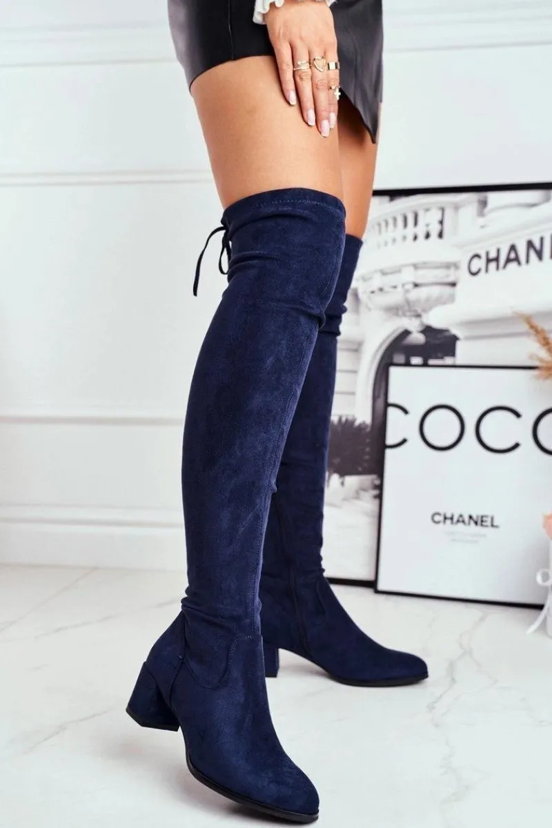 Outlet Damskie kozaki Sergio Leone lycra granatowe KZ281 Damskie Kozaki Wiosenne|Kozaki Na Obcasie