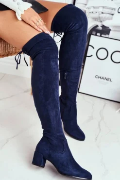 Outlet Damskie kozaki Sergio Leone lycra granatowe KZ281 Damskie Kozaki Wiosenne|Kozaki Na Obcasie