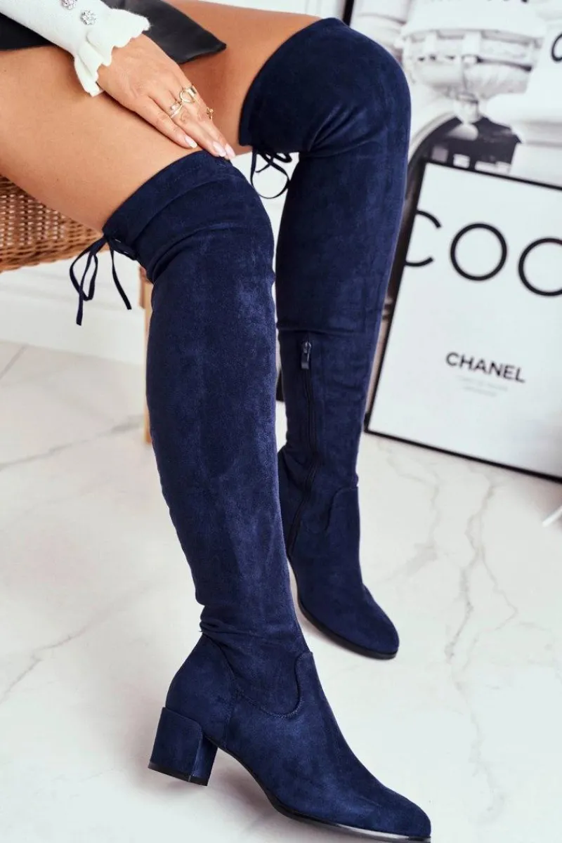 Outlet Damskie kozaki Sergio Leone lycra granatowe KZ281 Damskie Kozaki Wiosenne|Kozaki Na Obcasie