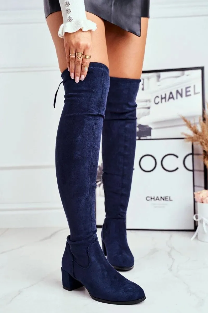 Outlet Damskie kozaki Sergio Leone lycra granatowe KZ281 Damskie Kozaki Wiosenne|Kozaki Na Obcasie