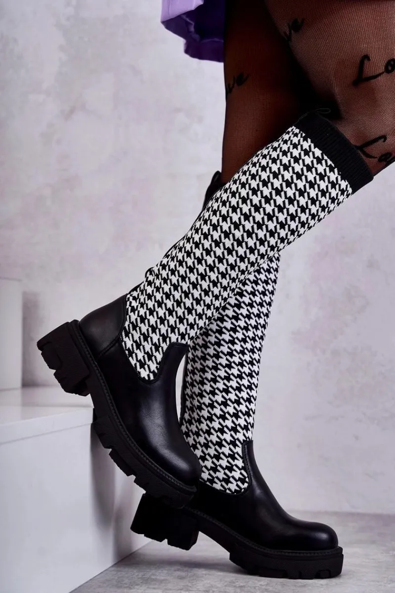 Kozaki Wiosenne|Kozaki Płaskie>Boto Damskie Kozaki Skarpetkowe W Pepitkę Czarno-Białe Avira