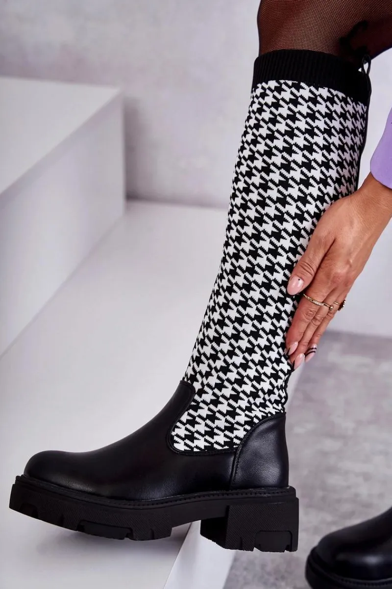 Kozaki Wiosenne|Kozaki Płaskie>Boto Damskie Kozaki Skarpetkowe W Pepitkę Czarno-Białe Avira