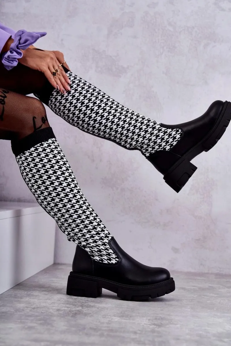 Kozaki Wiosenne|Kozaki Płaskie>Boto Damskie Kozaki Skarpetkowe W Pepitkę Czarno-Białe Avira