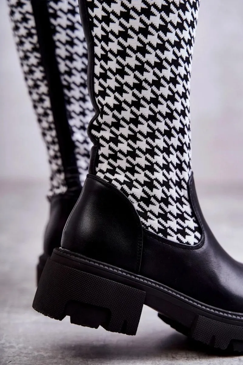 Kozaki Wiosenne|Kozaki Płaskie>Boto Damskie Kozaki Skarpetkowe W Pepitkę Czarno-Białe Avira
