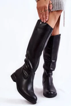 Hot Buty Sergio Leone Damskie Kozaki Skórzane Na Płaskim Obcasie Czarne Asturio