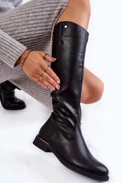 Hot Buty Sergio Leone Damskie Kozaki Skórzane Na Płaskim Obcasie Czarne Asturio