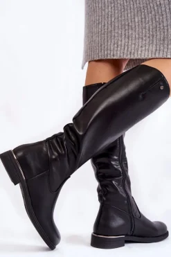 Hot Buty Sergio Leone Damskie Kozaki Skórzane Na Płaskim Obcasie Czarne Asturio