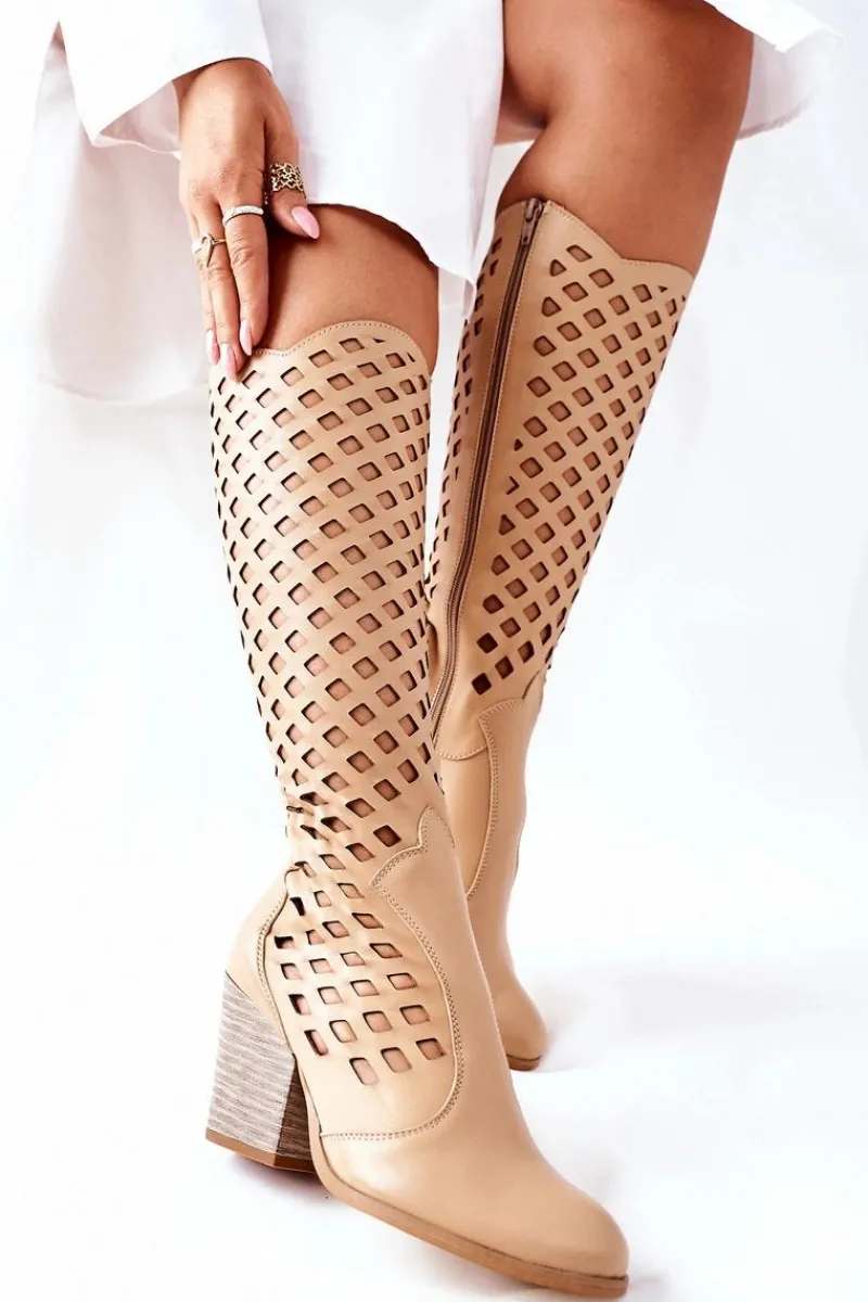Kozaki Wiosenne|Kozaki Przed Kolano>Boto Damskie Kozaki Z Ażurowym Wzorem Beżowe Verben