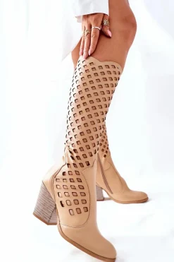 Kozaki Wiosenne|Kozaki Przed Kolano>Boto Damskie Kozaki Z Ażurowym Wzorem Beżowe Verben