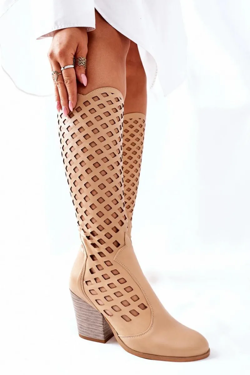 Kozaki Wiosenne|Kozaki Przed Kolano>Boto Damskie Kozaki Z Ażurowym Wzorem Beżowe Verben
