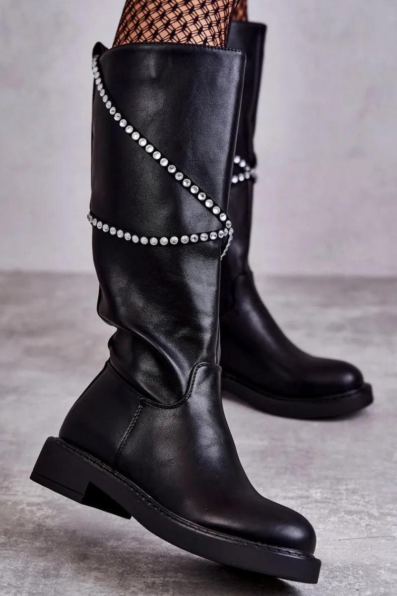 Kozaki Wiosenne|Kozaki Płaskie>Boto Damskie Kozaki Z Ozdobami Czarne Finlay