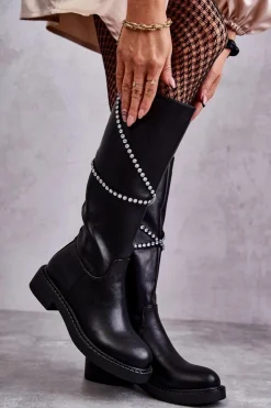 Kozaki Wiosenne|Kozaki Płaskie>Boto Damskie Kozaki Z Ozdobami Czarne Finlay