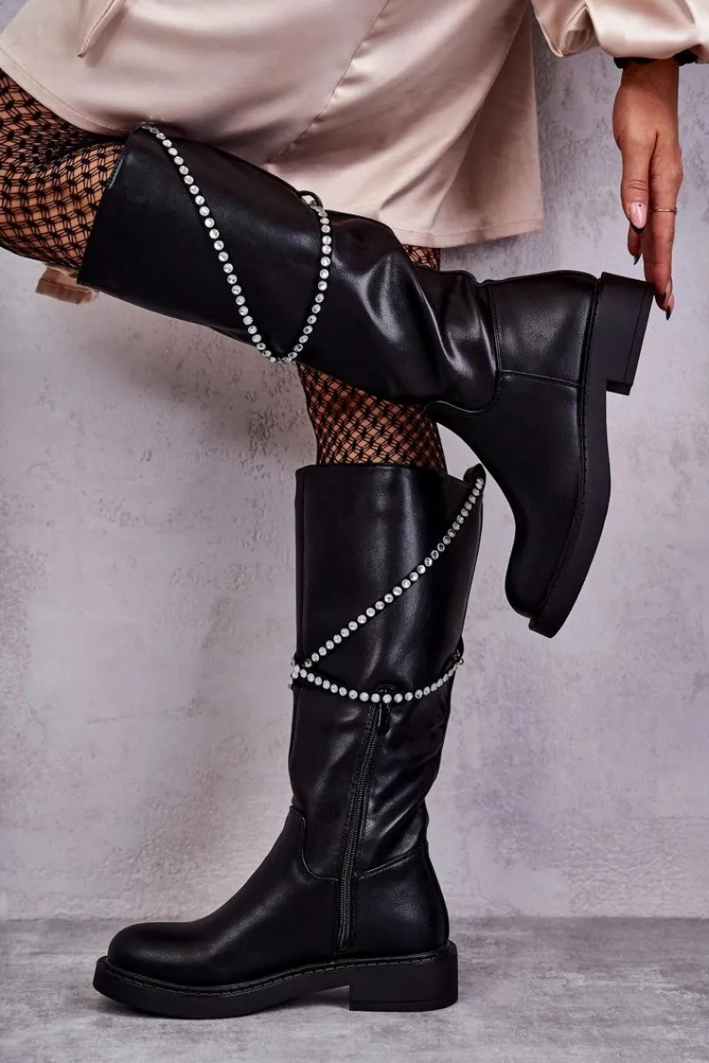 Kozaki Wiosenne|Kozaki Płaskie>Boto Damskie Kozaki Z Ozdobami Czarne Finlay