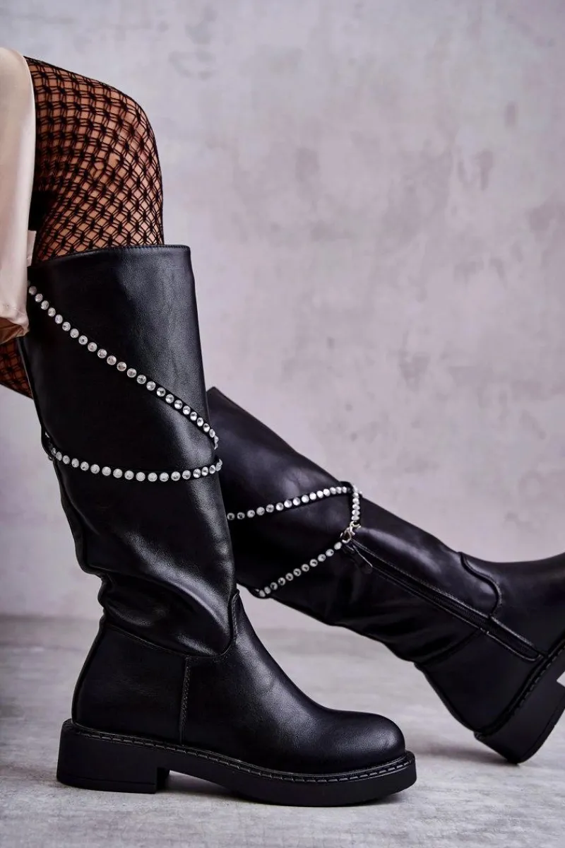 Kozaki Wiosenne|Kozaki Płaskie>Boto Damskie Kozaki Z Ozdobami Czarne Finlay