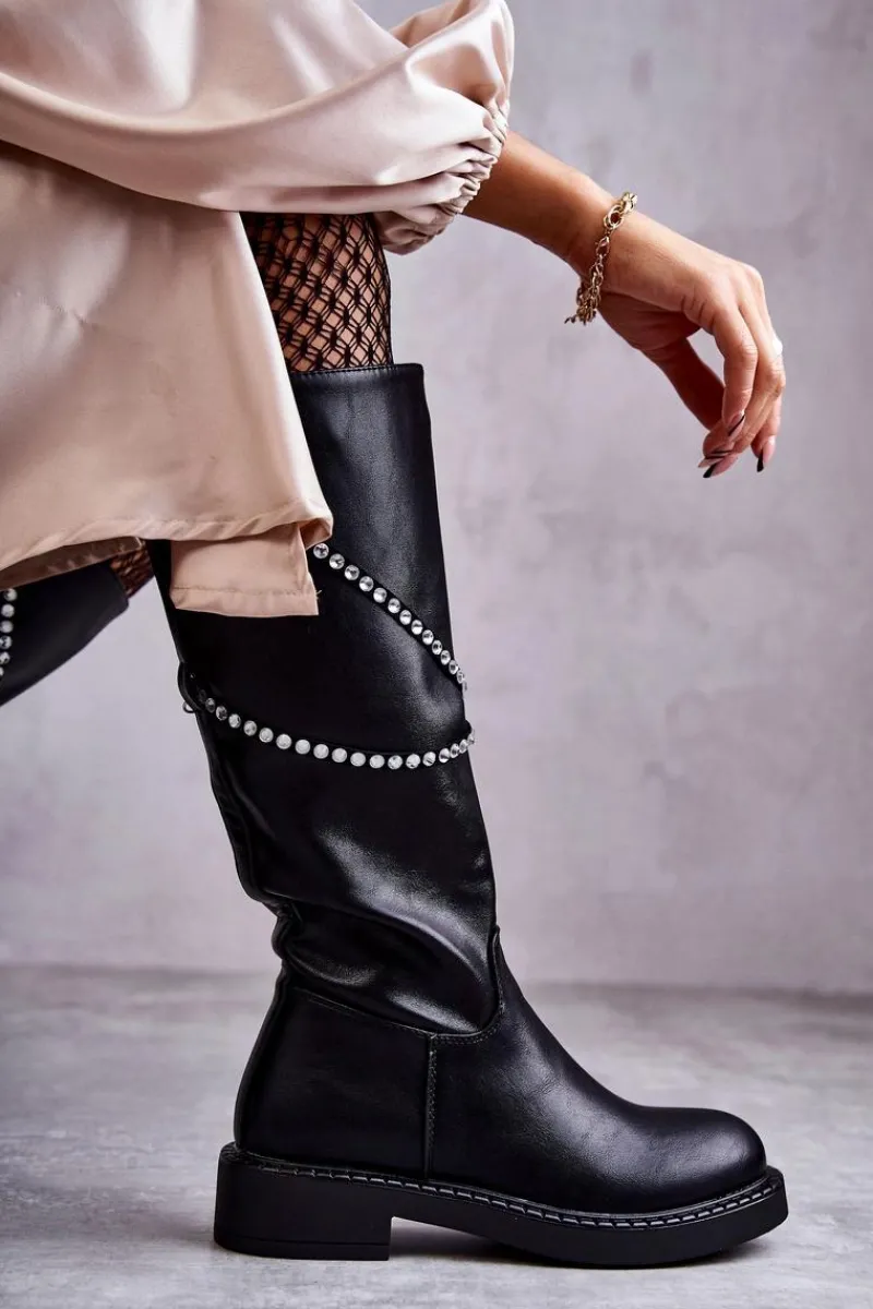 Kozaki Wiosenne|Kozaki Płaskie>Boto Damskie Kozaki Z Ozdobami Czarne Finlay