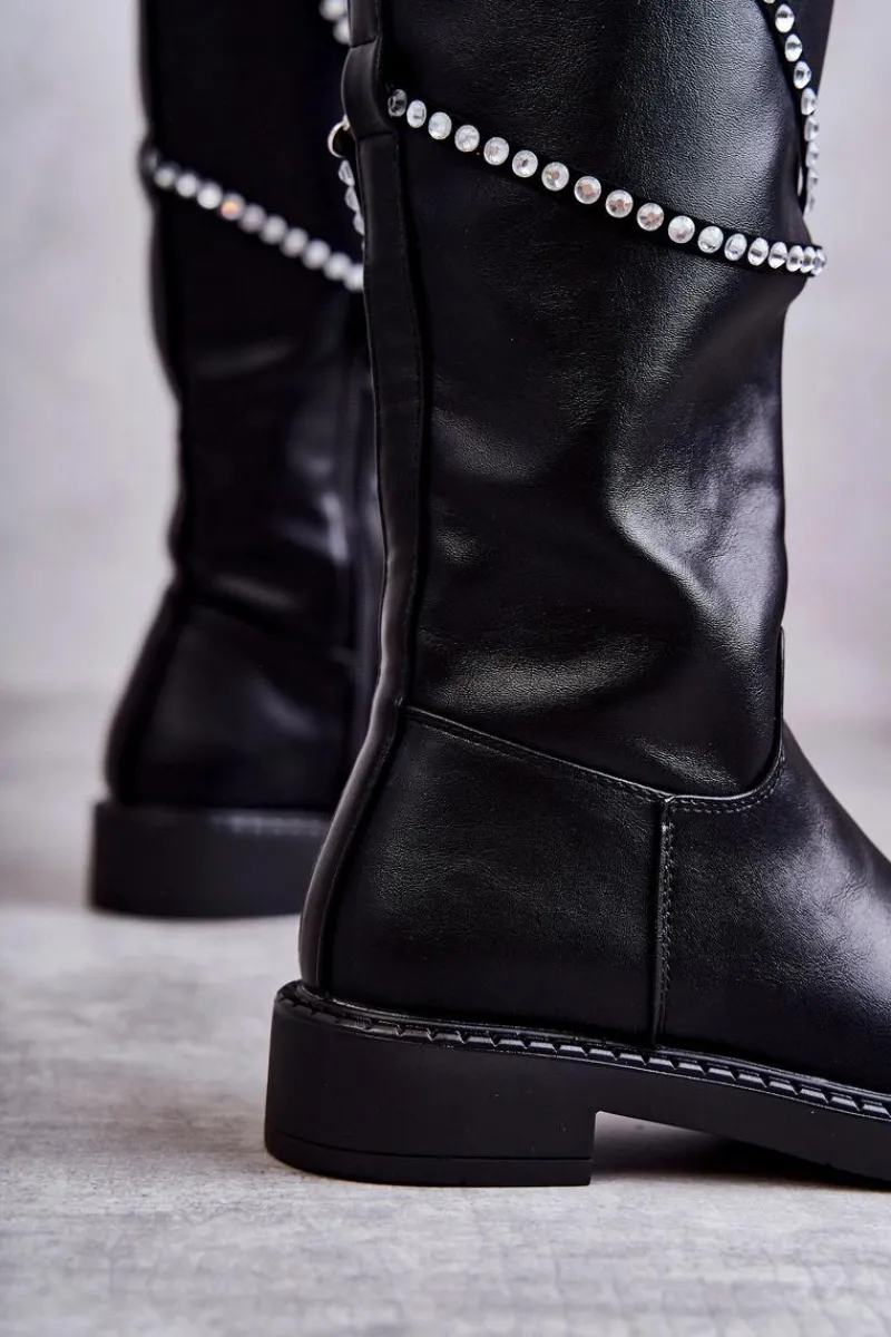 Kozaki Wiosenne|Kozaki Płaskie>Boto Damskie Kozaki Z Ozdobami Czarne Finlay