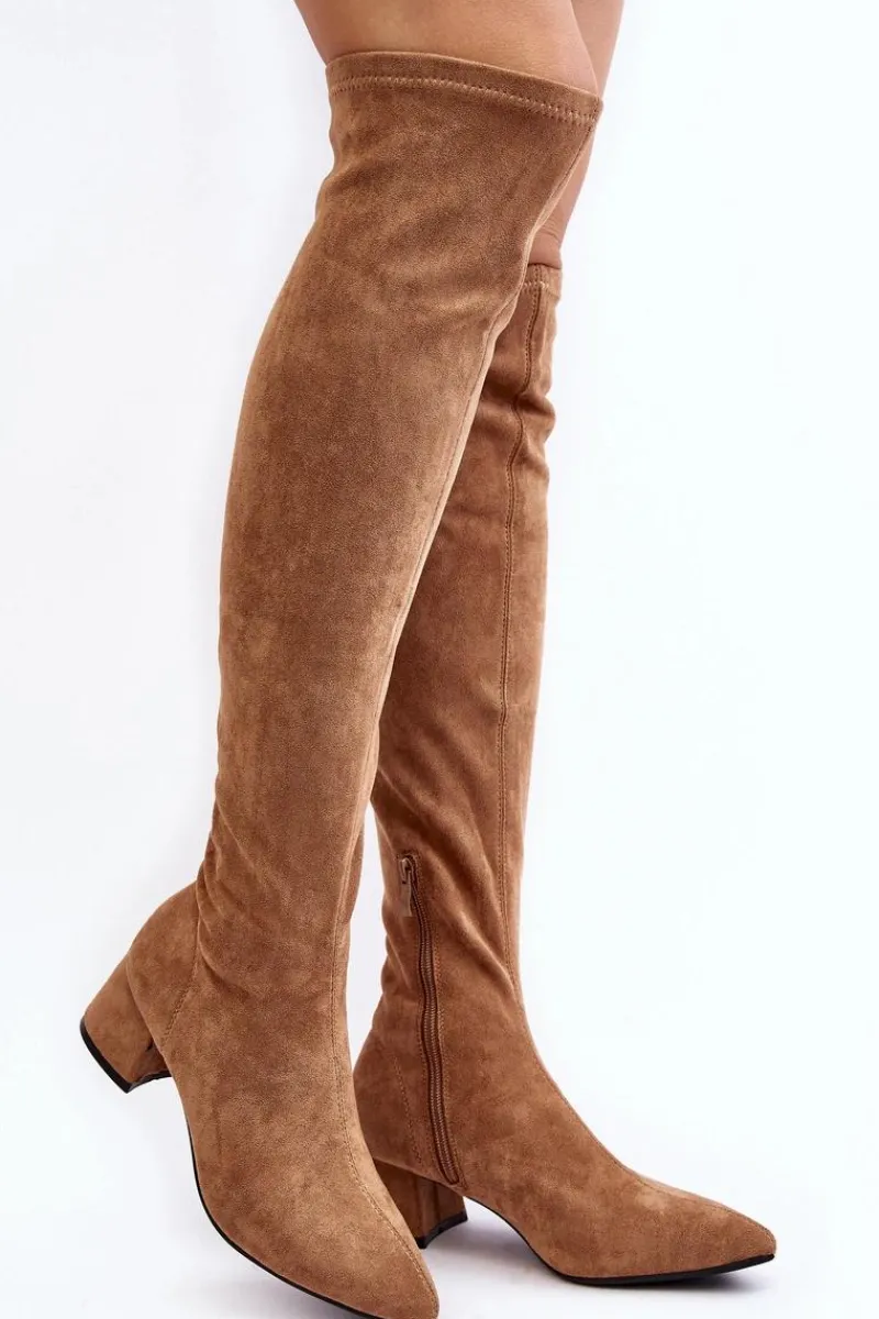New Damskie Kozaki Za Kolano Na Niskim Obcasie Camel Maidna Damskie Muszkieterki|Kozaki Za Kolano