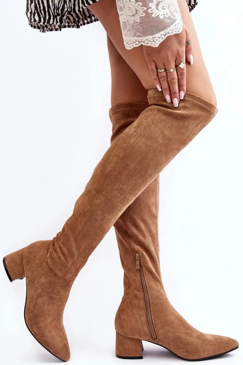 New Damskie Kozaki Za Kolano Na Niskim Obcasie Camel Maidna Damskie Muszkieterki|Kozaki Za Kolano