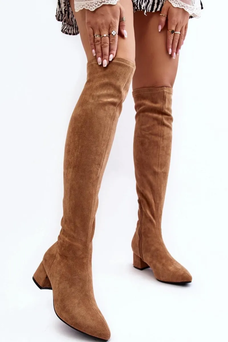 New Damskie Kozaki Za Kolano Na Niskim Obcasie Camel Maidna Damskie Muszkieterki|Kozaki Za Kolano