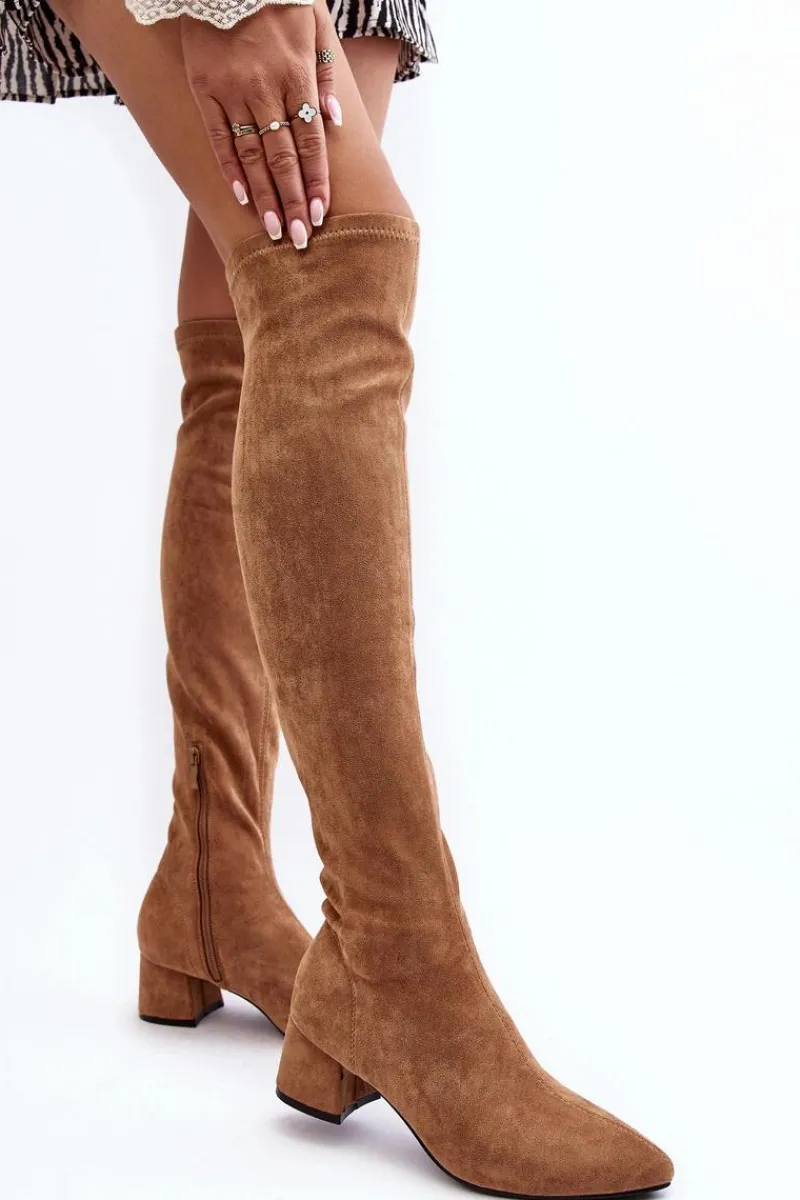 New Damskie Kozaki Za Kolano Na Niskim Obcasie Camel Maidna Damskie Muszkieterki|Kozaki Za Kolano