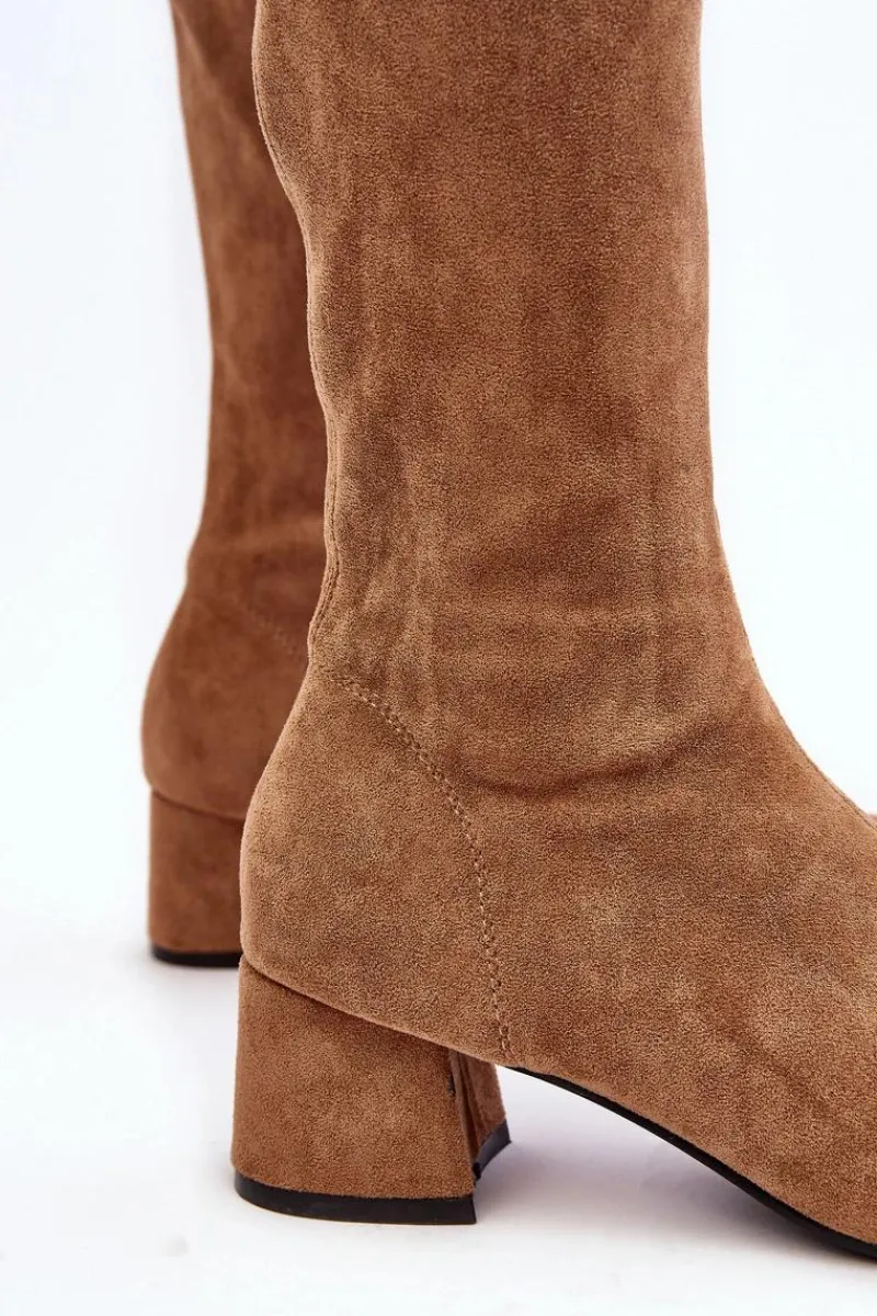 New Damskie Kozaki Za Kolano Na Niskim Obcasie Camel Maidna Damskie Muszkieterki|Kozaki Za Kolano