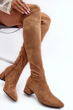 New Damskie Kozaki Za Kolano Na Niskim Obcasie Camel Maidna Damskie Muszkieterki|Kozaki Za Kolano