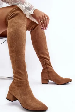 New Damskie Kozaki Za Kolano Na Niskim Obcasie Camel Maidna Damskie Muszkieterki|Kozaki Za Kolano