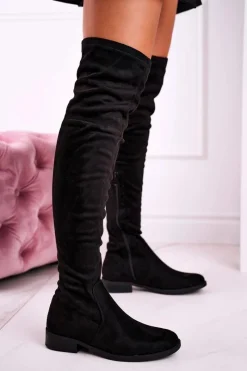 Outlet Boto Damskie Kozaki Za Kolano Zamszowe Czarne Rebecca