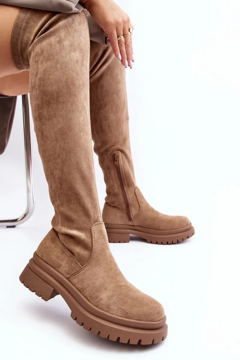 Best Damskie Kozaki Za Kolano Na Płaskim Obcasie Beżowe Silune Damskie Muszkieterki|Kozaki Za Kolano