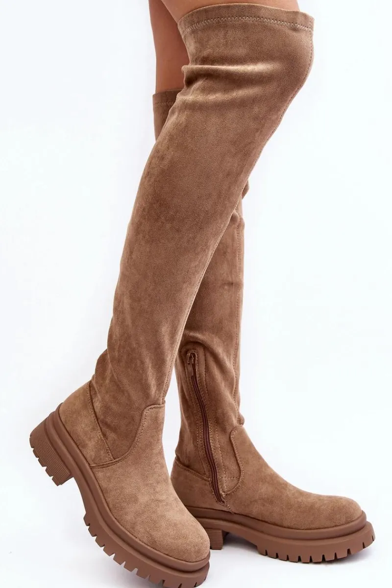 Best Damskie Kozaki Za Kolano Na Płaskim Obcasie Beżowe Silune Damskie Muszkieterki|Kozaki Za Kolano