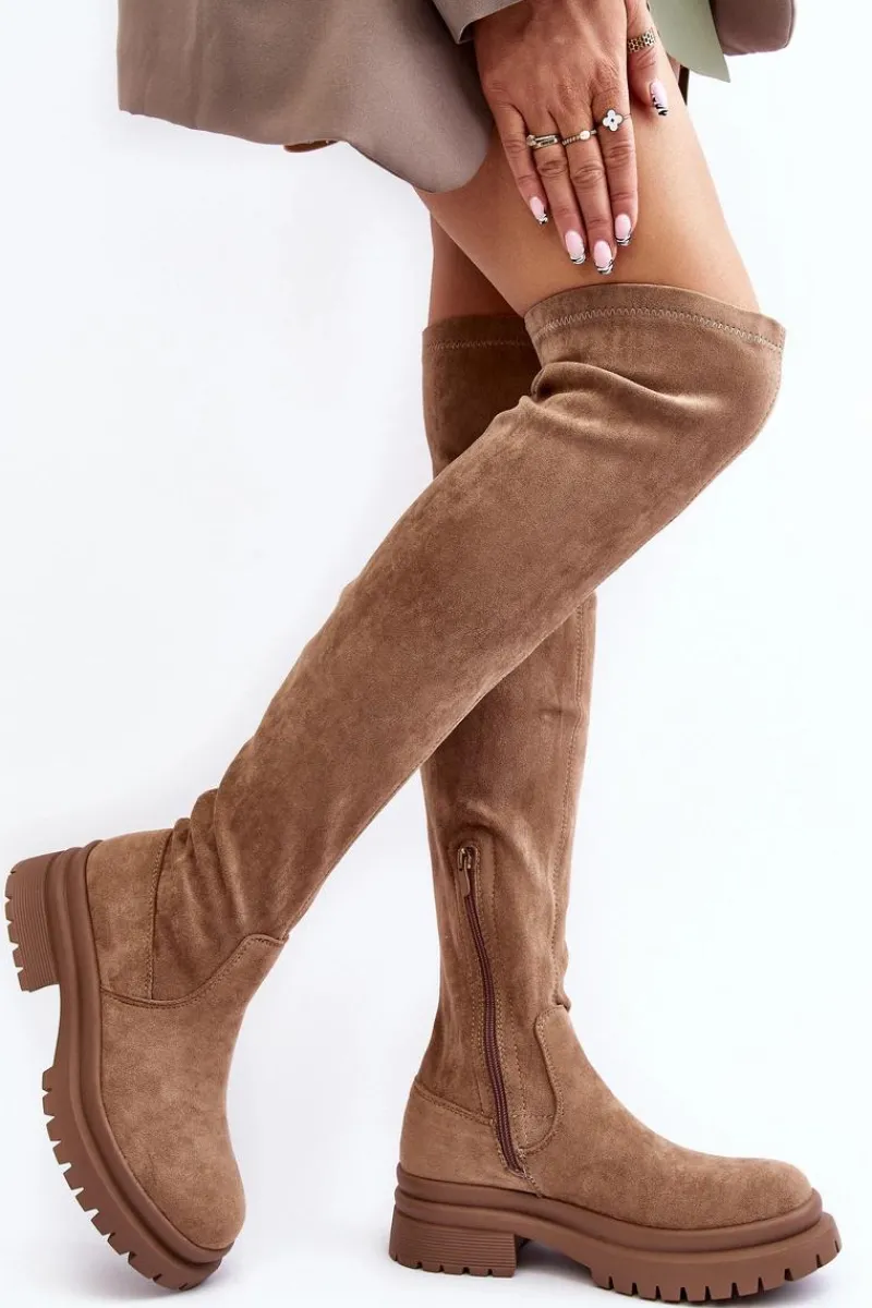 Best Damskie Kozaki Za Kolano Na Płaskim Obcasie Beżowe Silune Damskie Muszkieterki|Kozaki Za Kolano