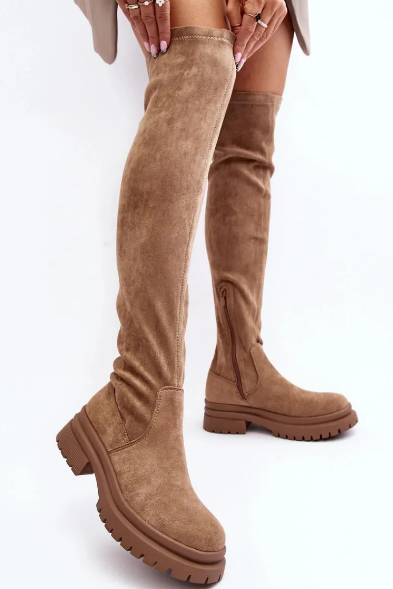 Best Damskie Kozaki Za Kolano Na Płaskim Obcasie Beżowe Silune Damskie Muszkieterki|Kozaki Za Kolano