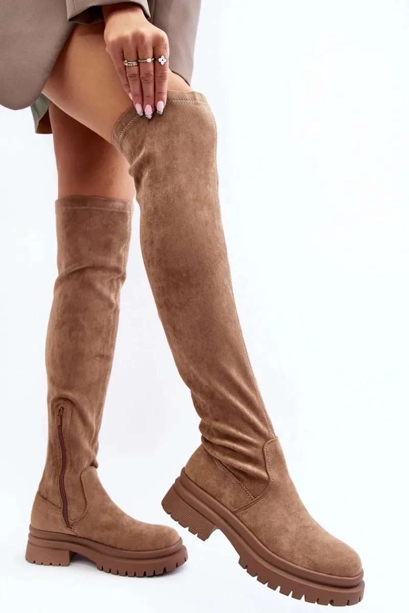 Best Damskie Kozaki Za Kolano Na Płaskim Obcasie Beżowe Silune Damskie Muszkieterki|Kozaki Za Kolano