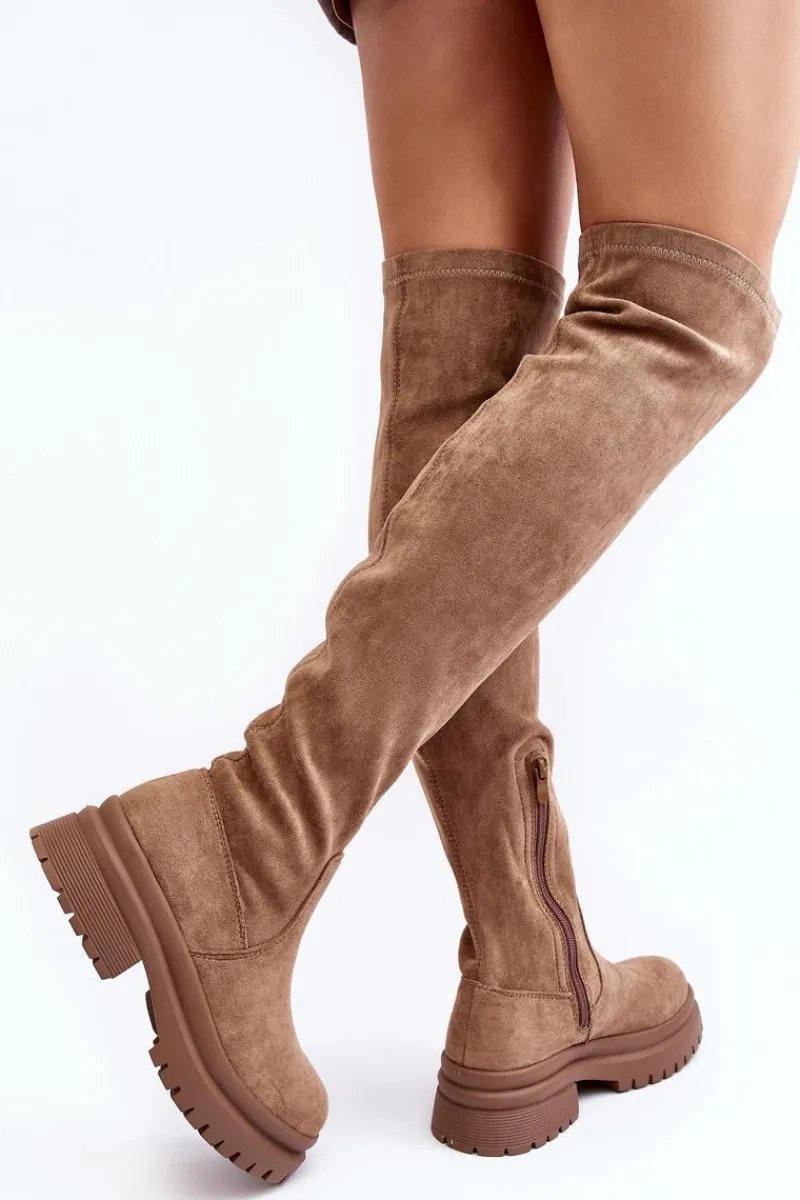 Best Damskie Kozaki Za Kolano Na Płaskim Obcasie Beżowe Silune Damskie Muszkieterki|Kozaki Za Kolano