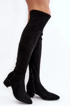 New Boto Damskie Kozaki Za Kolano Na Niskim Obcasie Czarne Maidna