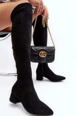 New Boto Damskie Kozaki Za Kolano Na Niskim Obcasie Czarne Maidna