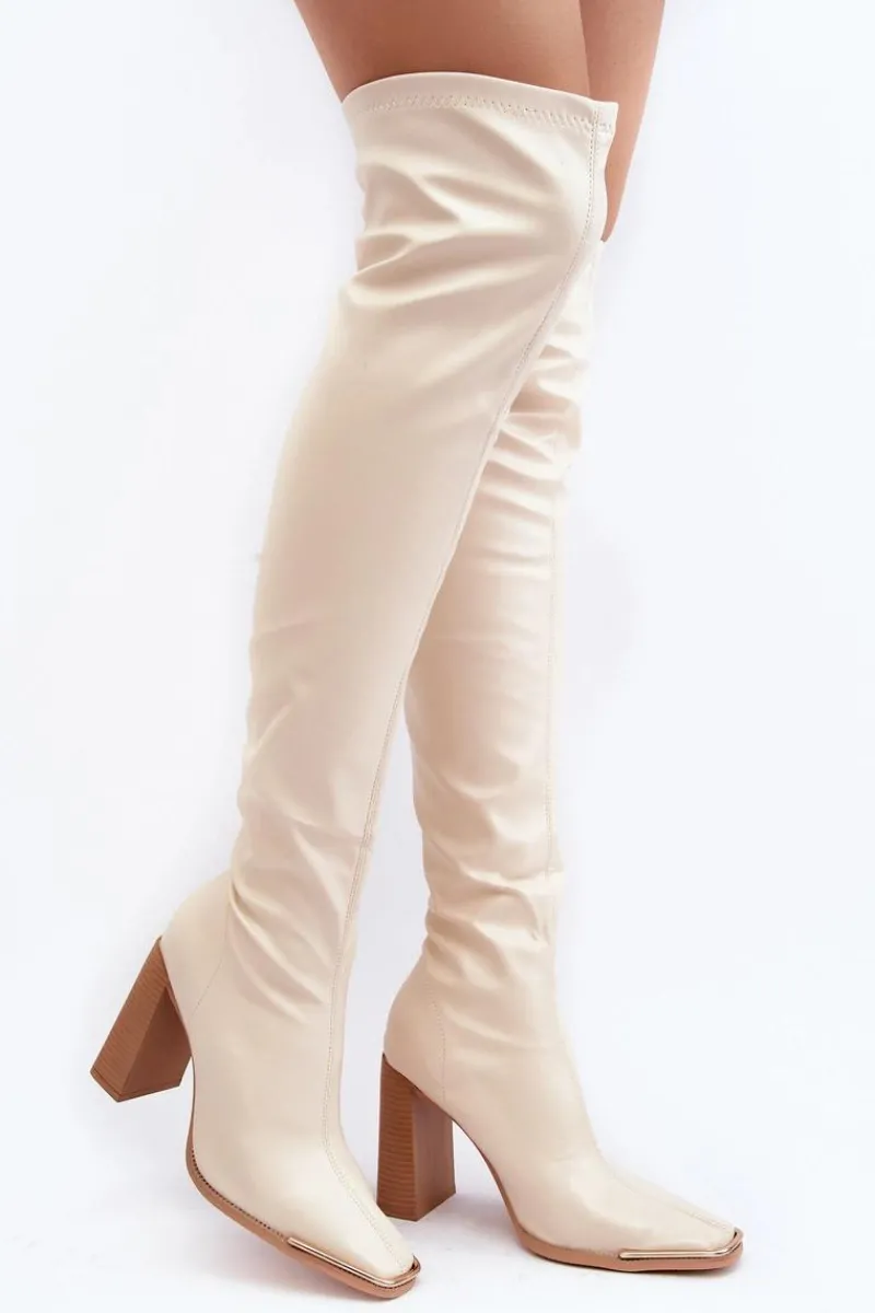 Outlet Damskie Kozaki Za kolano Na Słupku Ekoskóra Beżowe Orcella Damskie Muszkieterki|Kozaki Za Kolano